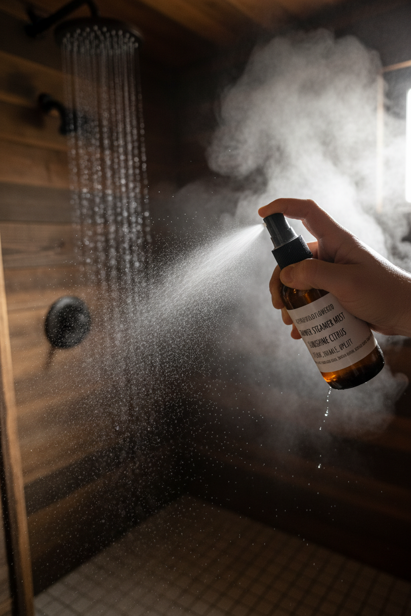 Hand spraying mist with shower running