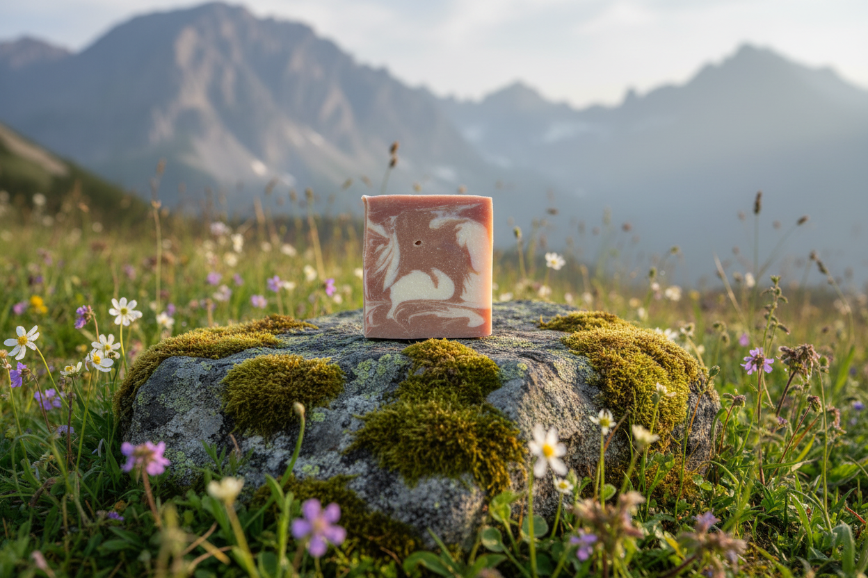 Amberwood Moss soap in alpine meadow