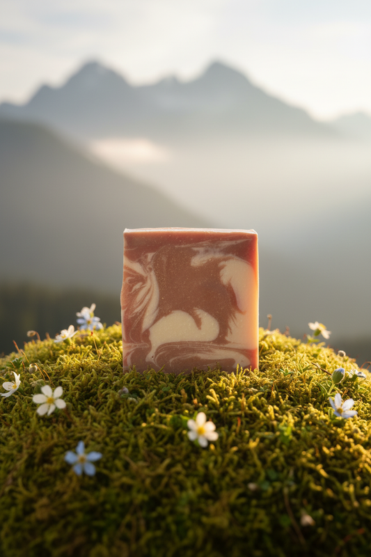 Amberwood Moss soap on moss with mountain backdrop
