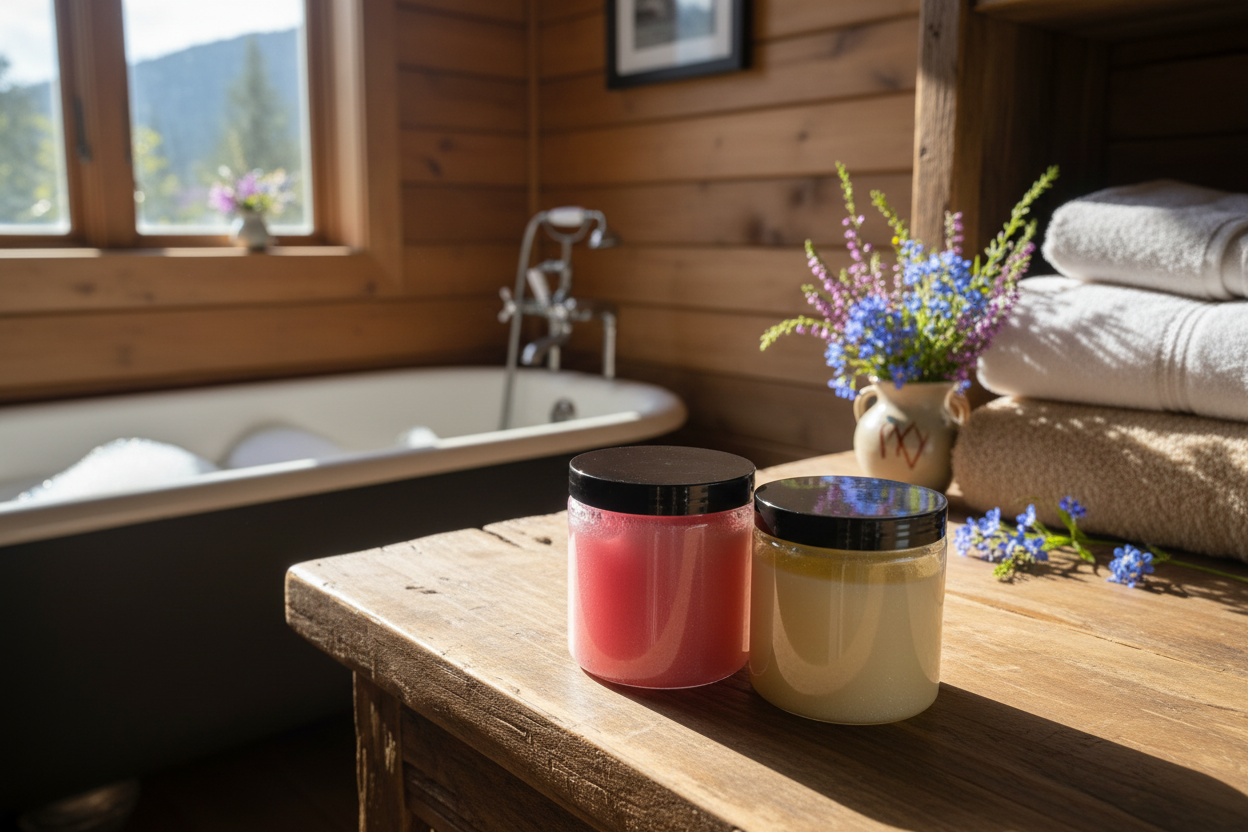 Cabin bathroom with body scrubs