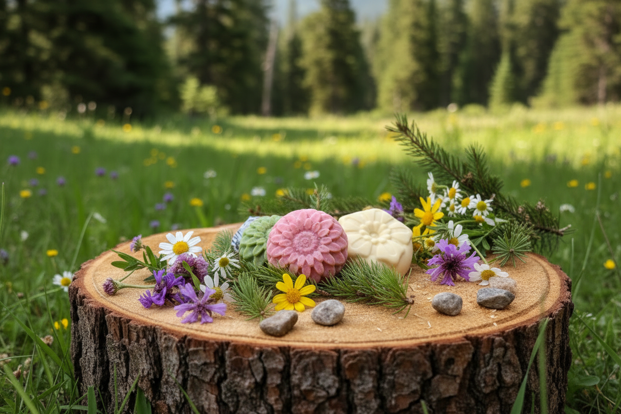 Pink round soap on wood with wildflowers