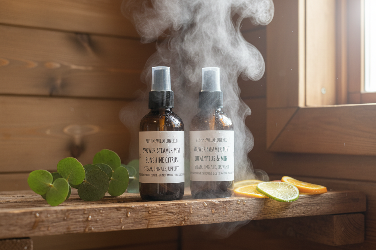 Shower mists on cabin shelf