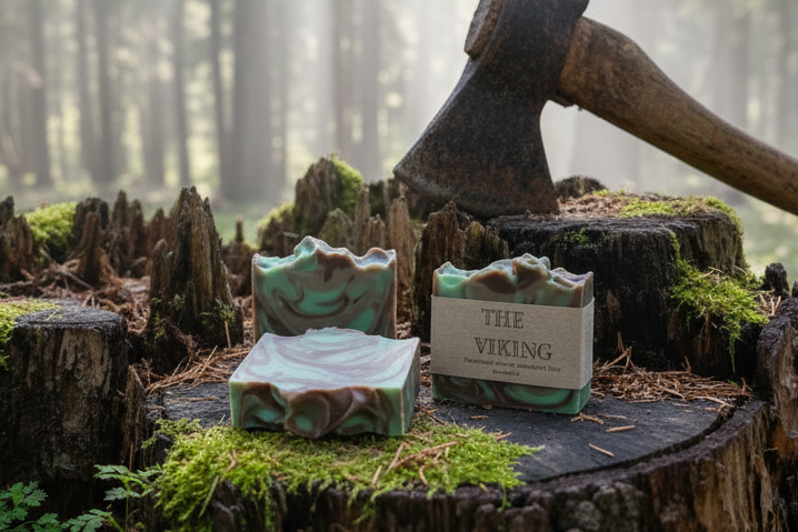 Viking soap on tree stump in misty forest