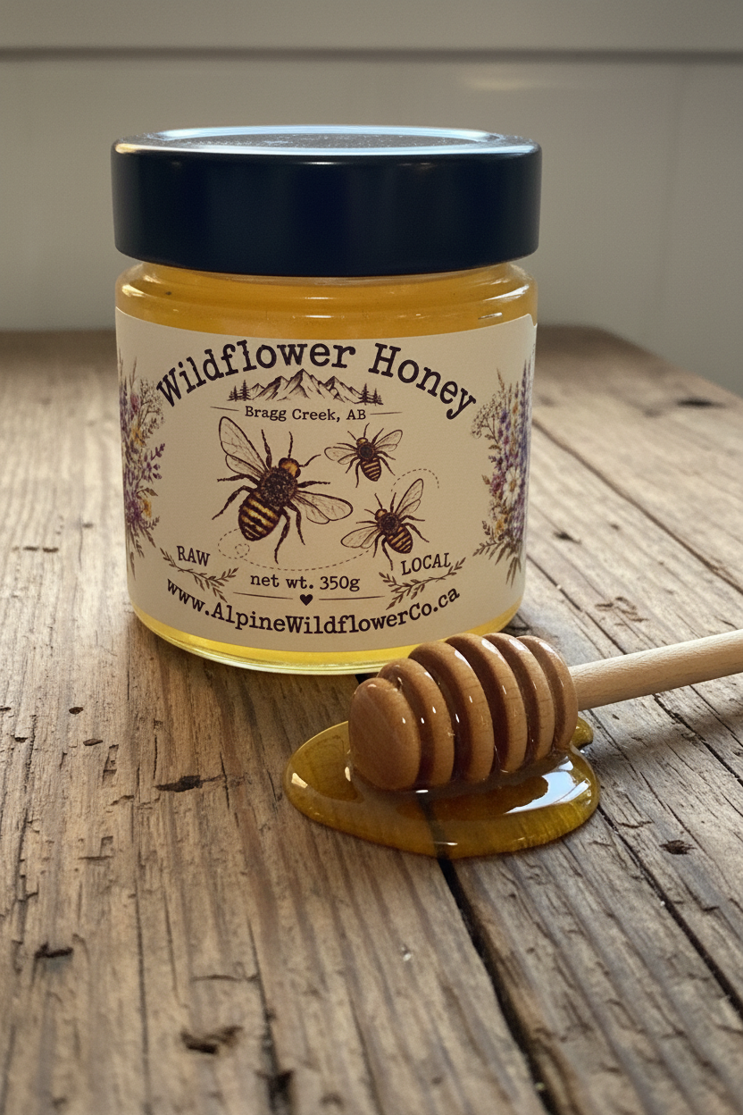 Wildflower Honey on Rustic Wood with Honey Dipper